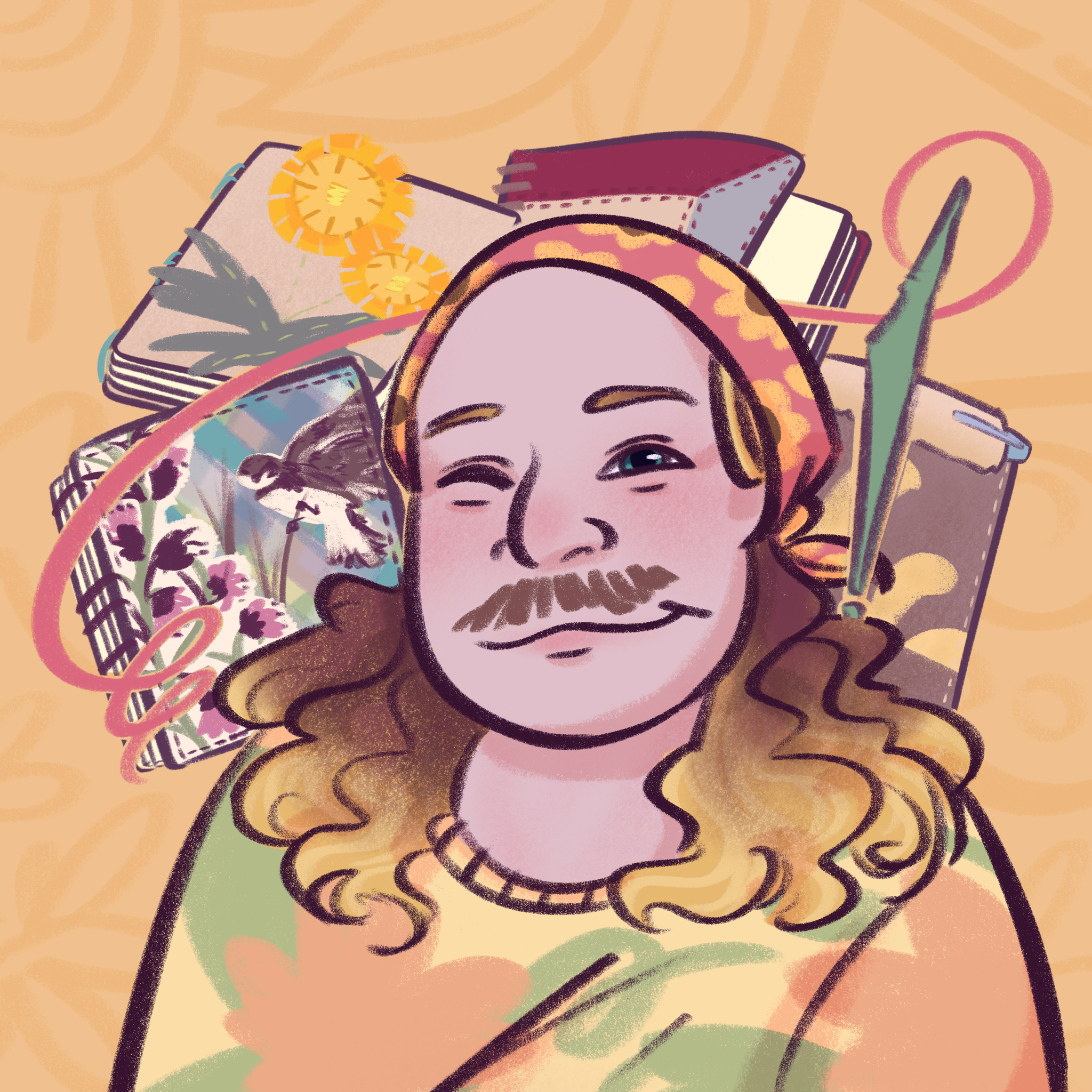 animation of Eric, smiling, wearing a floral bandana, with flowy wavy brown hair and a mustache; behind his head are things he makes, like hand-bound journals with birds and flowers on them; the colors and edges are light and soft